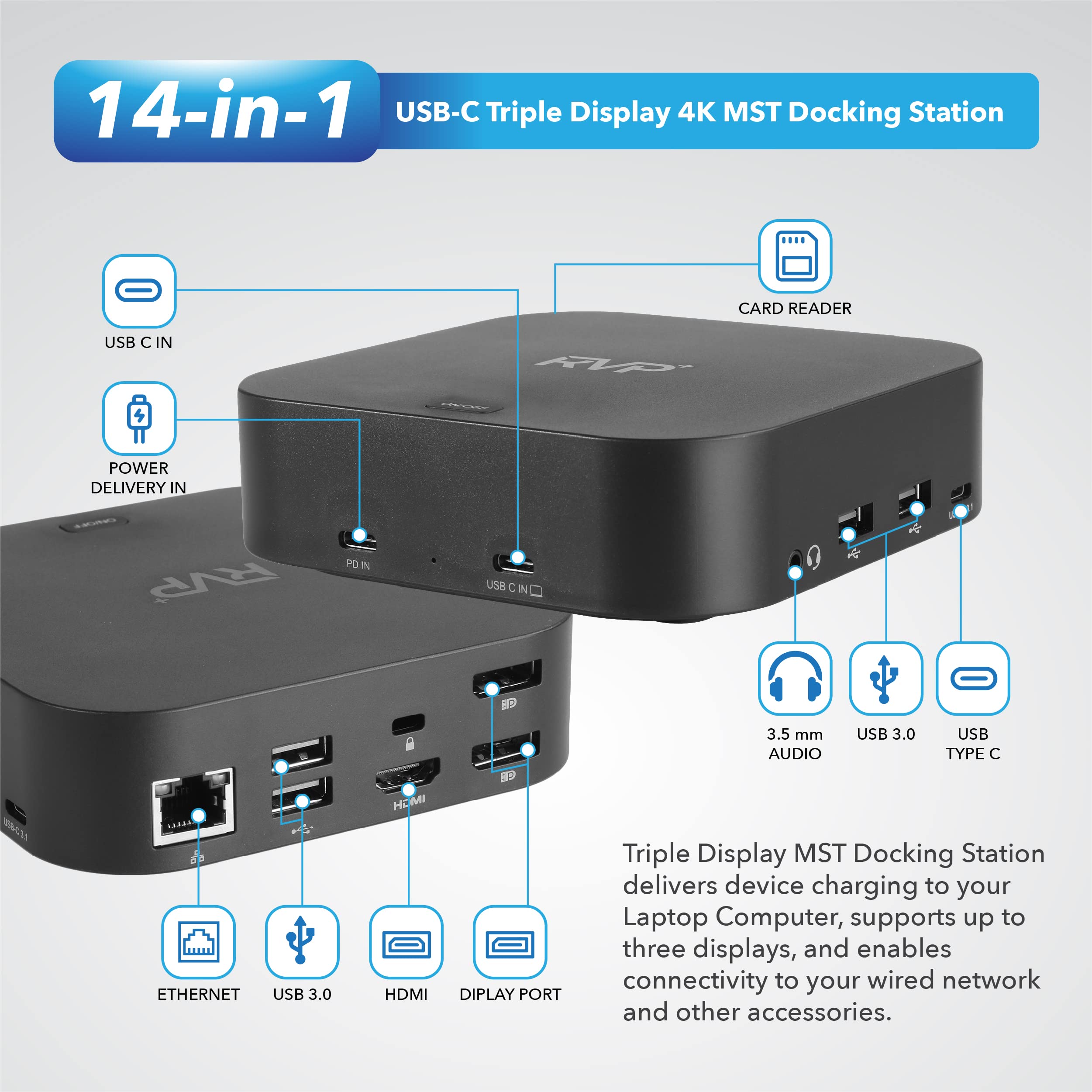 RVP+ USB C Docking Station 3 Monitors, 13-in-1, Triple Display-4K HDMI & DisplayPort Dual Monitors, 5Gbps USB-C/A Data Transfer, 100W Laptop-Charging, Gigabit Ethernet, Audio (RVP-082321)