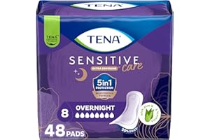 TENA Incontinence Pads, Bladder Control & Postpartum for Women, Overnight Absorbency, Sensitive Care, 48 Count (Packaging may