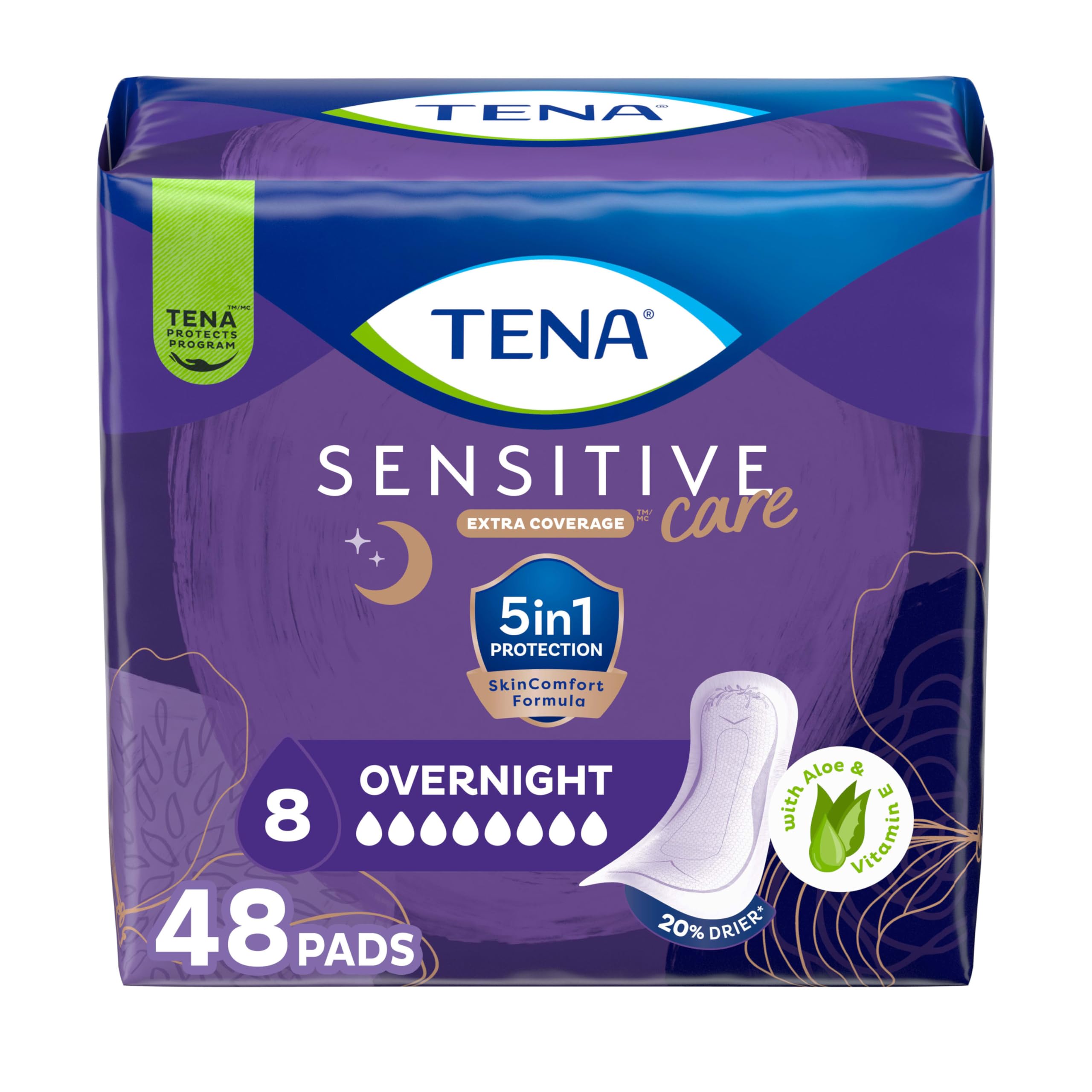 Photo 1 of TENA Sensitive Care Extra Coverage Overnight Incontinence Pads for Women, Bladder Control and Postpartum, Aloe and Vitamin E Infused, 48 Count