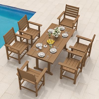 Compsia 7 Piece Outdoor Dining Set, HDPS Patio Table and Chairs Set, 66" Patio Table with 1.96" Umbrella Hole & 6 Chairs, All Weather Furniture for Garden, Backyard, Poolside (Brown)