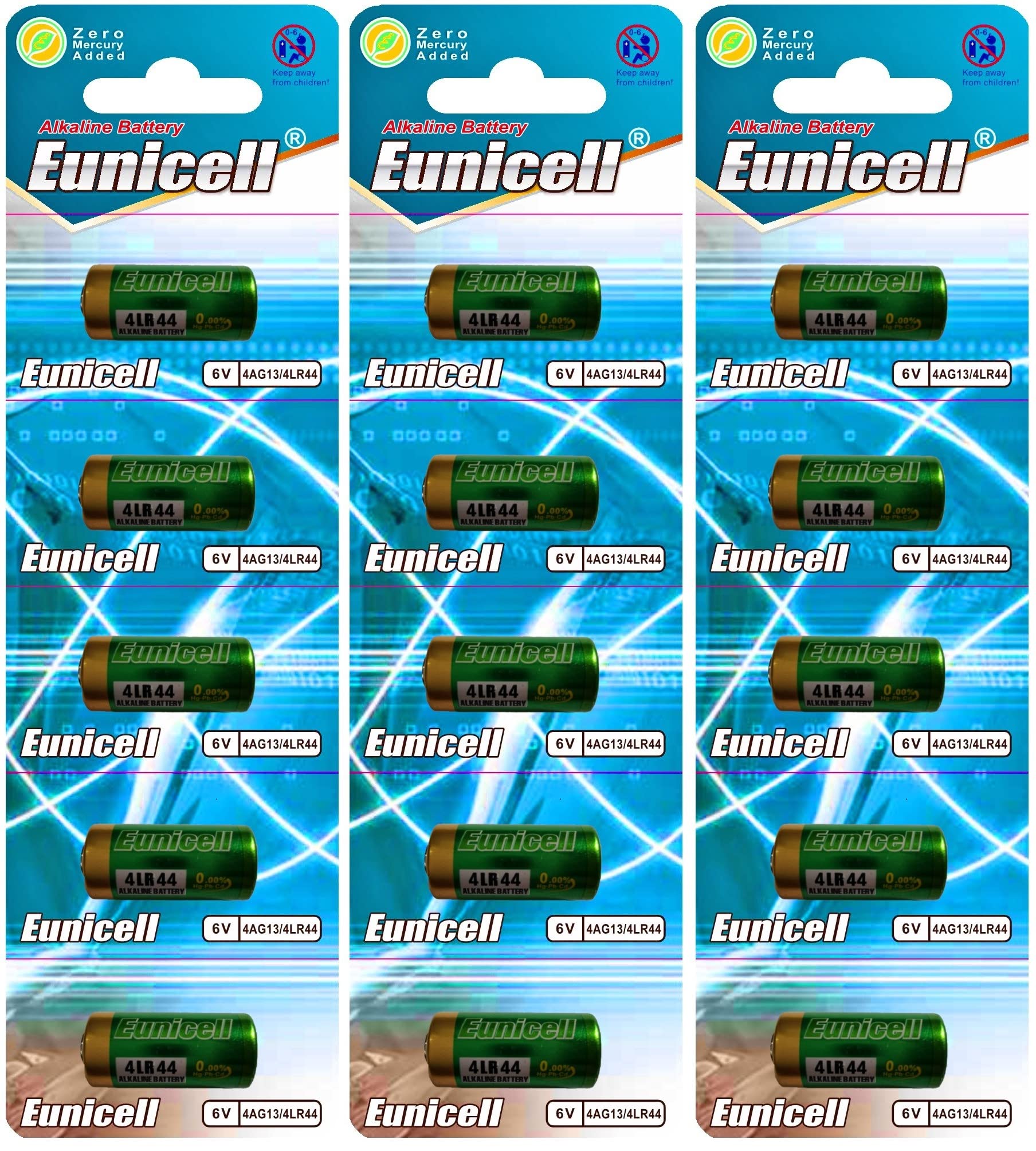 15 x 4LR44 6 V (3 Packs of 5 Batteries) Mercury-Free Alkaline Batteries PX28, 4G13, 476 A, L1325 Eunicell FBA
