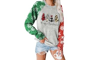 Binshre Merry Christmas Shirts for Women Christmas Tree Sweatshirts Funny Plaid Holiday T Shirt Snowflake Long Sleeve Tops