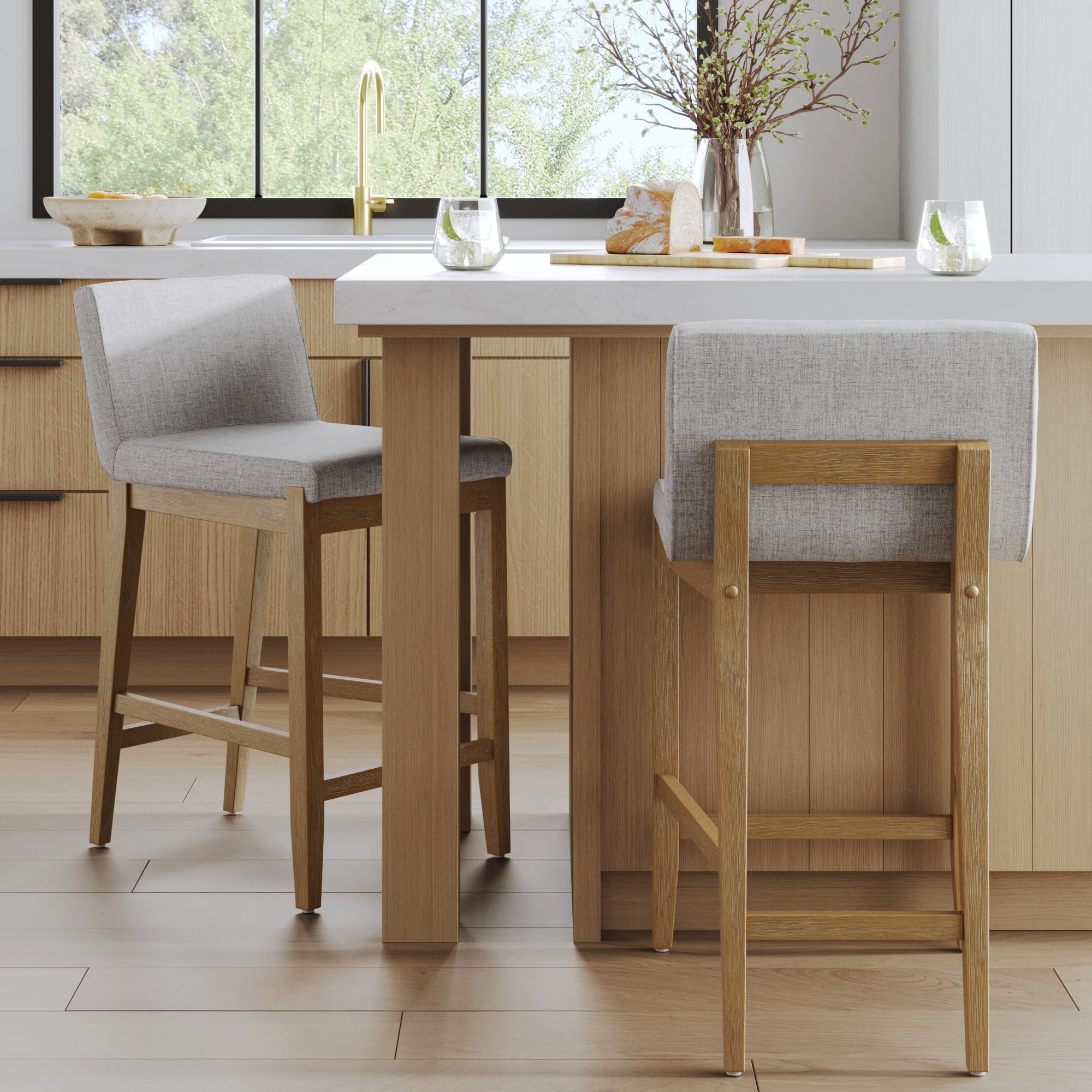 Nathan James Gracie Modern Bar Stool Counter Height Barstool with Back, Upholstered Kitchen Island Stool with Solid Wood Legs, Gray/Light Brown Set of 2