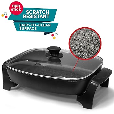 Elite Platinum EG-6203 Non-stick Deep Dish Heavy Duty Electric Skillet with Tempered Glass Vented Lid and Easy-Pour Spout, Dishwasher Safe, 1500W, 16&rdquo; x 13&rdquo; x 3.15&rdquo; - 8 Quart, Black