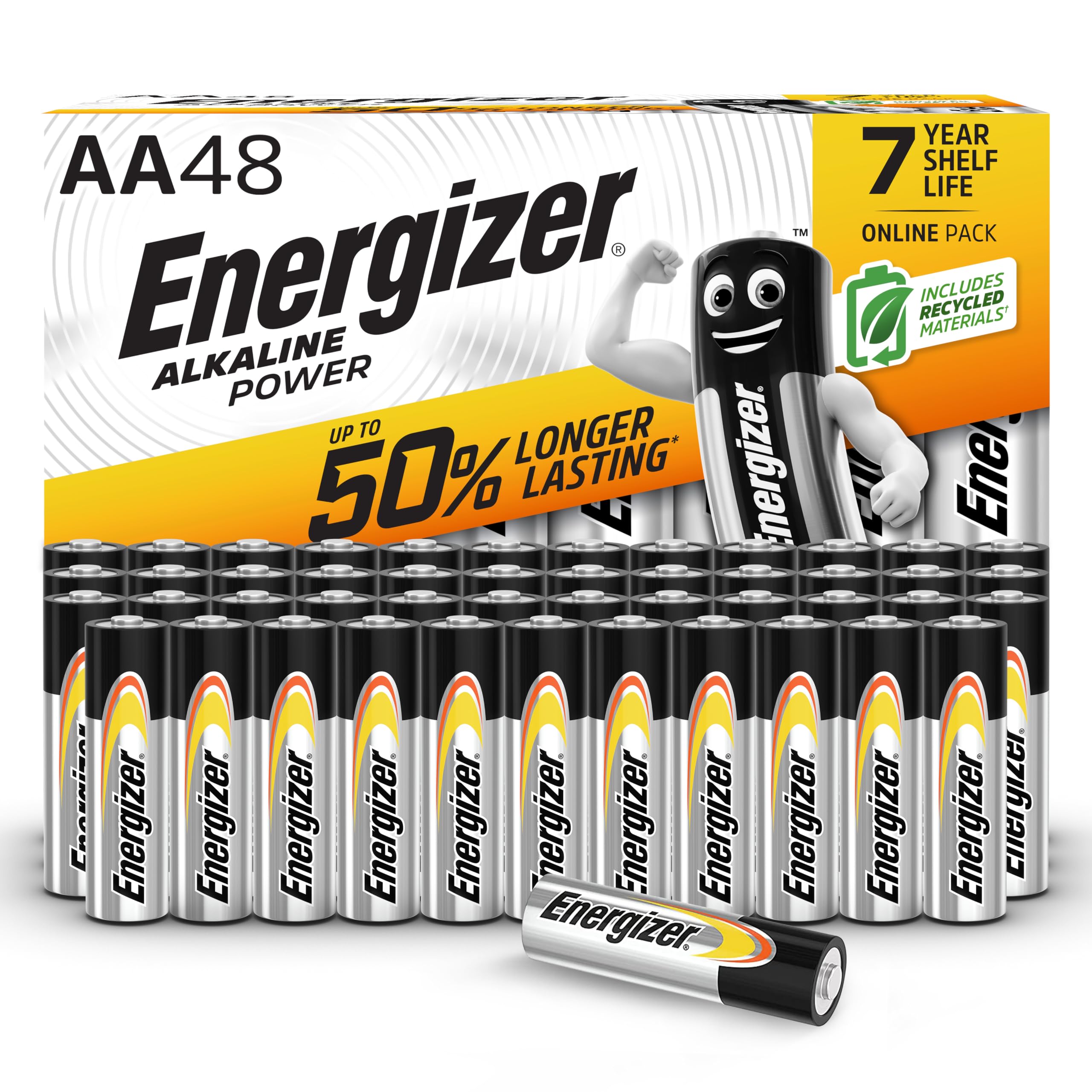 Energizer Alkaline Power - AA Batteries (48 Pack) - Double A Battery 1.5V - Up To 50% Longer Lasting - For Everyday Devices - 100% Recyclable Packaging - 7 Year Shelf-Life [Amazon Exclusive]
