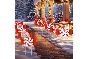 PHYLENCE 10-Piece Christmas Candy Yard Signs with Stakes Decorations – 10 Assorted Designs 14 Inches Large Peppermint and Lollipop Signs for Outdoor Garden and Lawn Holiday Party Favor