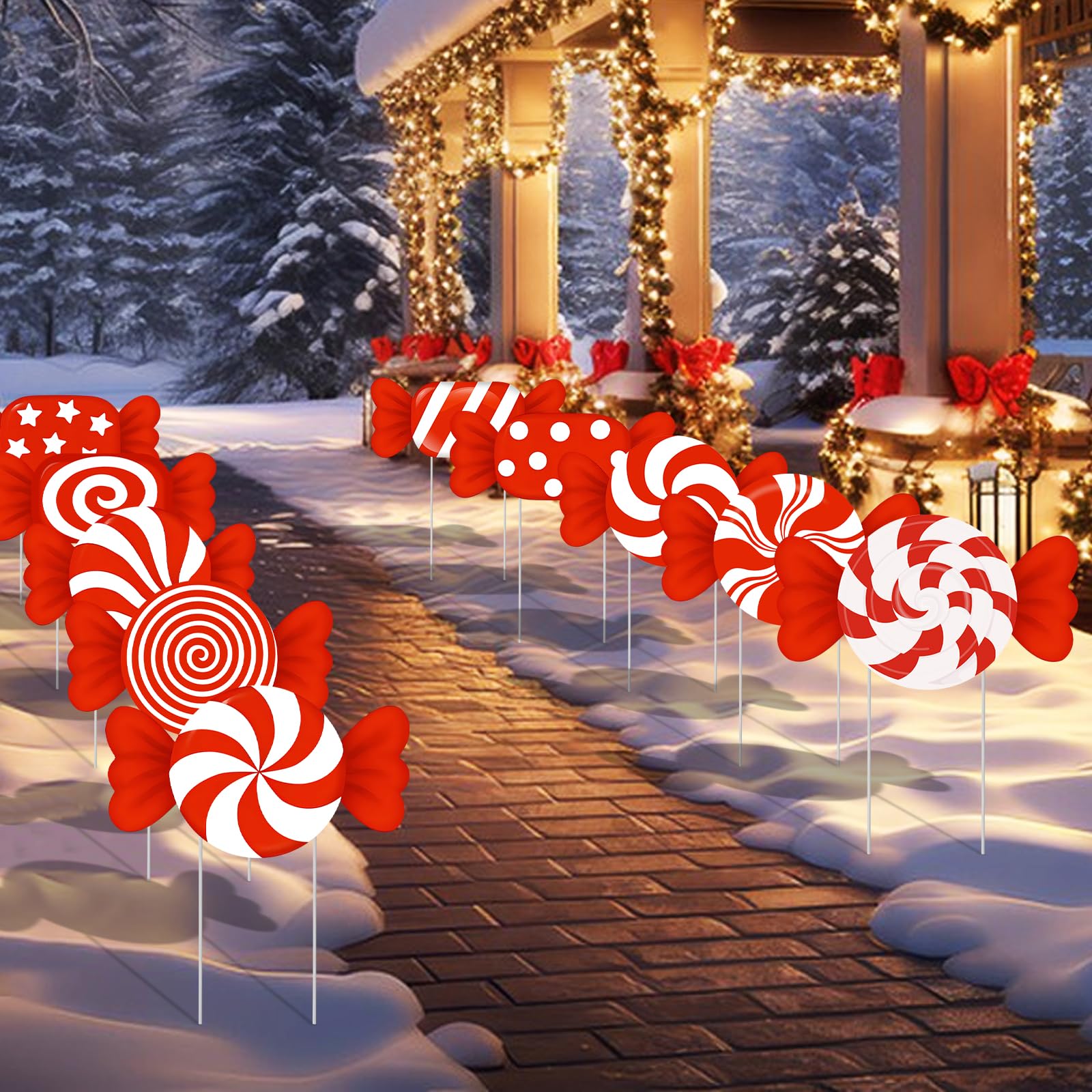 Photo 1 of 10-Piece Christmas Candy Yard Signs with Stakes Decorations – 10 Assorted Designs 14 Inches Large Peppermint and Lollipop Signs for Outdoor Garden and Lawn Holiday Party Favor