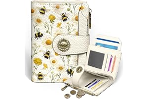 Icycay Floral Bee Small Wallet Women RFID Blocking Bifold, Credit Card Holder, Zipper Coin Pocket, PU Leather, Cute, Compact, Travel, 4 ID Window, 14 Card Slots, Cash Purse, Ladies Woman Female Girls