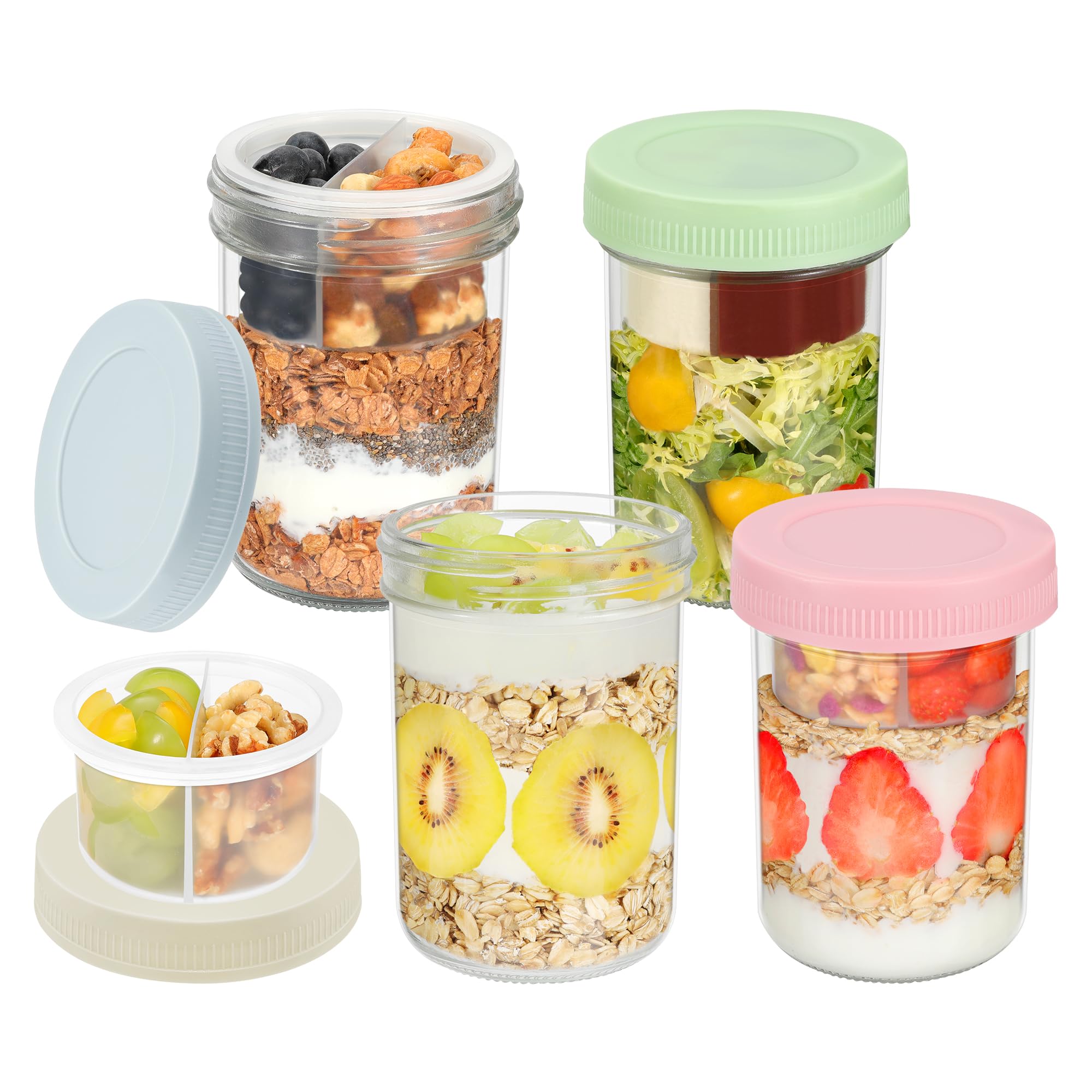 Xyptorix 16 oz Overnight Oats Containers with Airtight Lids - 4-Pack Leak-Proof Wide Mouth Mason Jars & Divided Cups for Dried and Wet Foods, Glass Jars for Chia Pudding, Salad, Snacks, and Yogurt