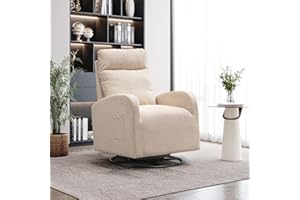 KINFFICT Modern Swivel Glider Chair, Upholstered Accent Glider Rocker for Baby Nursery, Comfy Tall Back Rocking Armchair with Side Pocket and Headrest for Living Room, Bedroom, Beige
