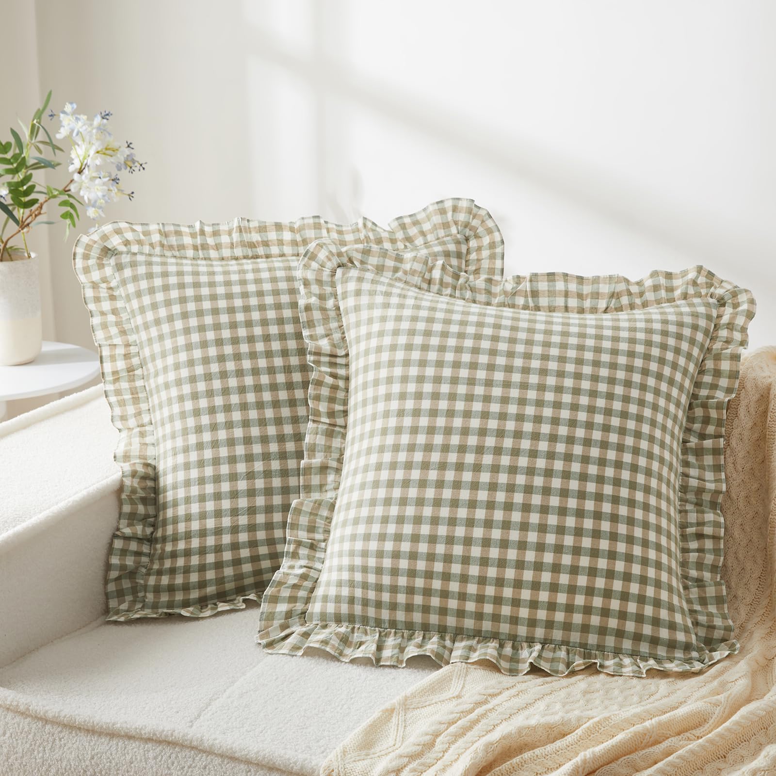 Photo 1 of KKJIAF Ruffle Gingham Pillow Covers 26 x 26 Inches, Cotton Plaid Throw Pillow Shams Set of 2, Linen Feel Ruffled Plaid Pillow Cases with Envelope Closure for Sofa Bed (Sage Green Plaid)