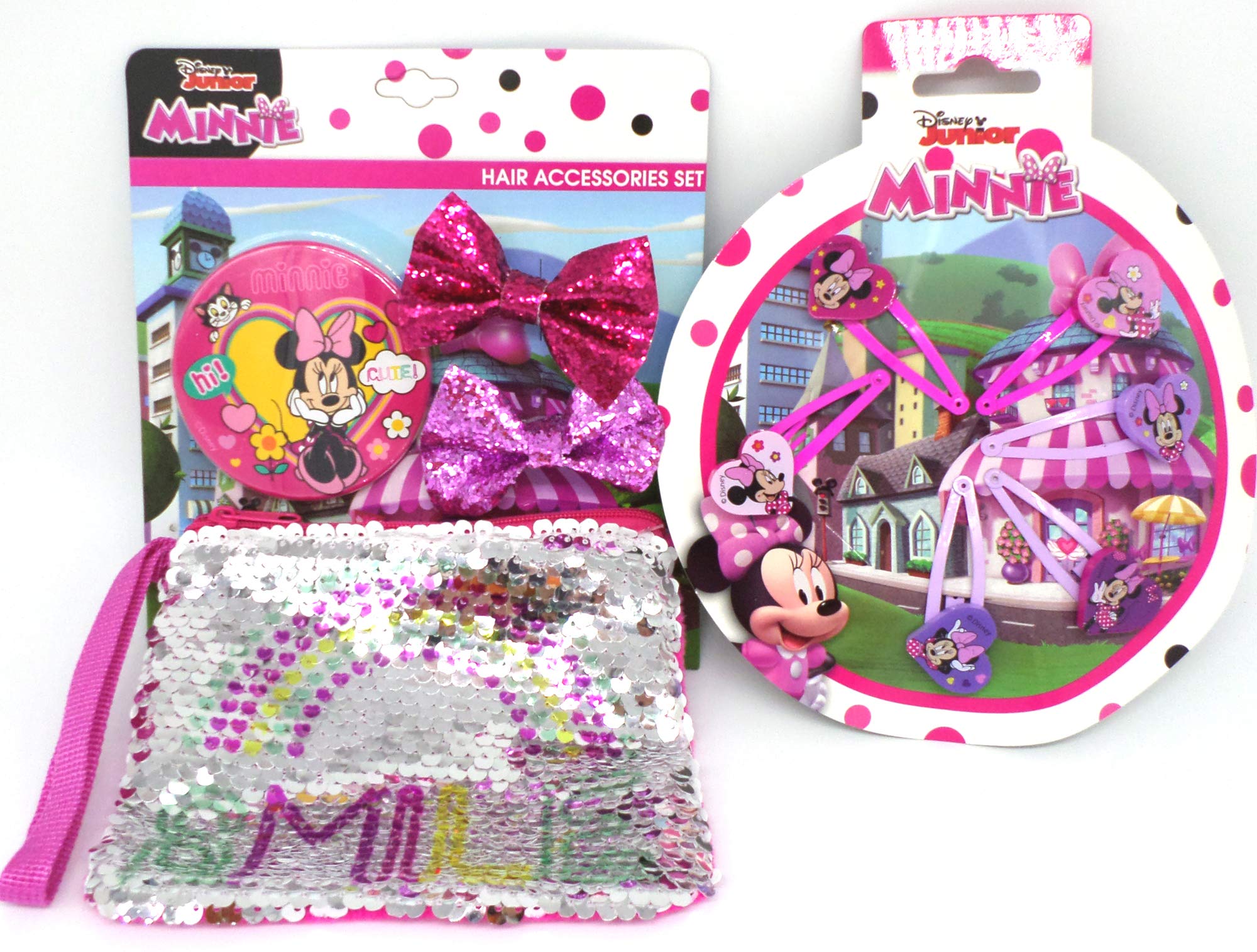 TDL Disney Minnie Mouse Mirror + Sequin Purse + 2 Bows + 6 Hair Clips - Gift Bundle