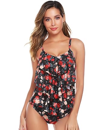 Abollria Damen Tankini Zweiteiler Badeanzug Elegant Volant Monokini mit Verstellbare Träger Bademode für Urlaub