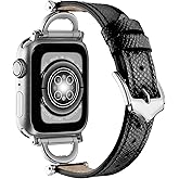 Osber Genuine Leather Band Compatible with Apple Watch Women 38mm 40mm 41mm 42mm(2024 series 10), Designer Slim Leather Strap with D-Shape Silver Metal Buckle for iWatch Series 10 9 8 SE 7 6 5 4 3 2 1, Black