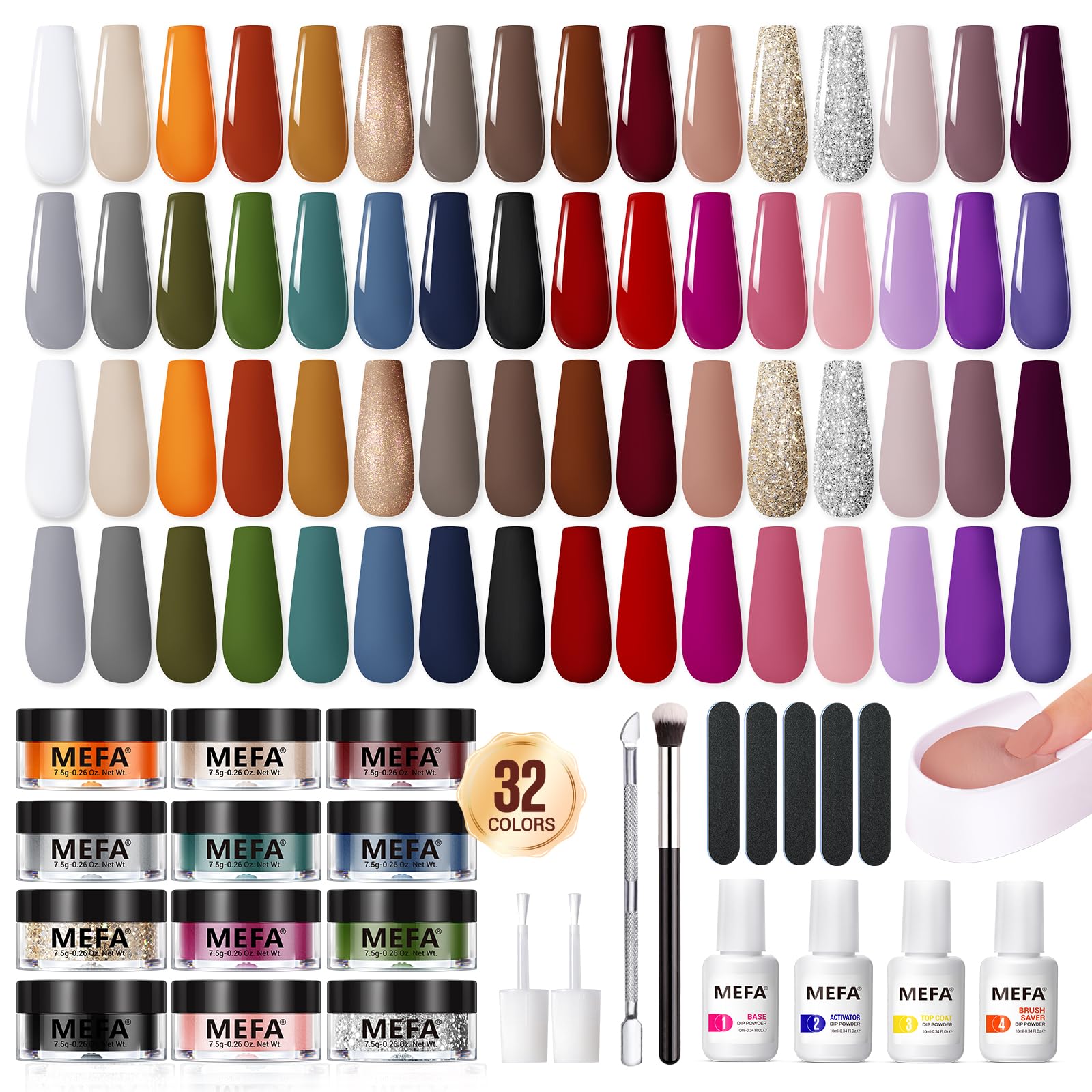 MEFA Dip Powder Nail Kit Orange Brown Grey Green White 32 Fall Winter Dark Colors Dipping Powder with Base Top Coat Activator Brush Saver Liquid Set Recycling Tray, French Nail Art Manicure Salon