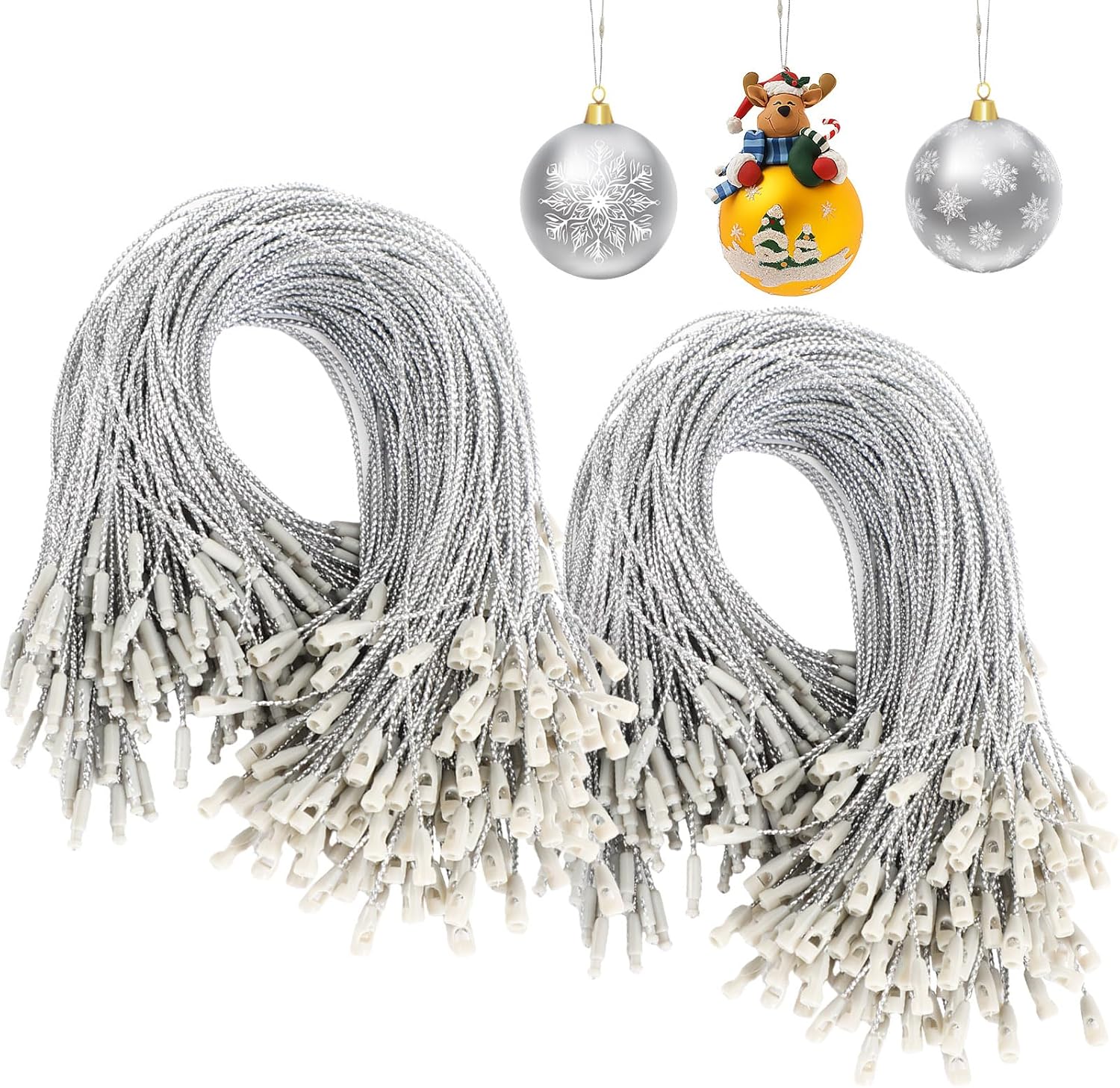 Ornament Hooks - FEBSNOW Christmas Ornament Hooks, 500 Pieces Ornament Hangers with Snap Ornament String for Christmas Tree Holiday Party Hanging Decorations Ropes Easy and Fast Locking (Silver)
