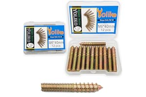 Yoliko 12 Pack M6 x 40 Hanger Bolts 40mm(1.57") Double Headed Bolts 6mm(0.24") Wood Dowel Screw Self-Tapping Screw Hanger Bolts for Furniture Screws Double Screw Threaded Rods Bolt 40mm Length