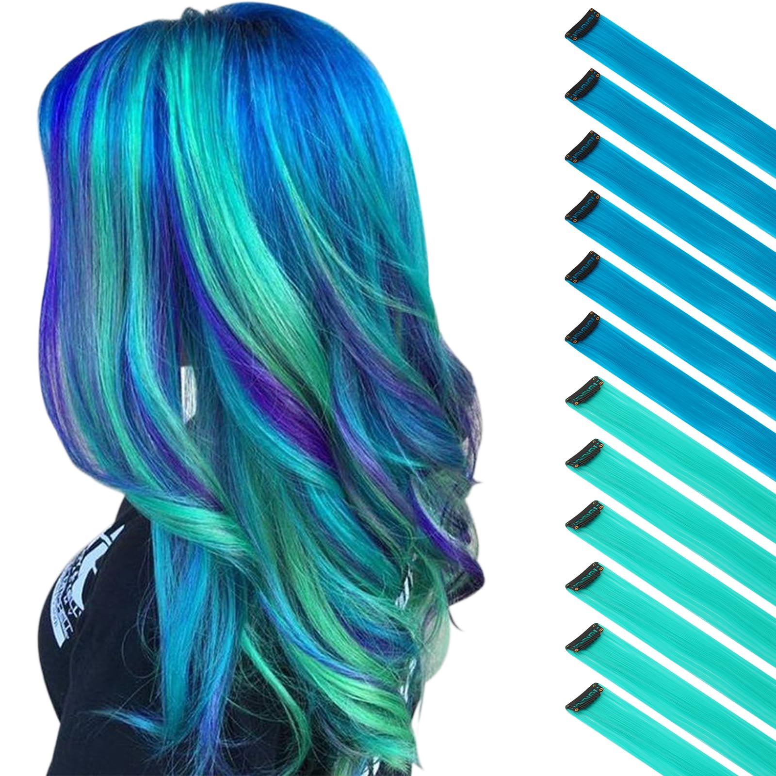 FESHFEN Coloured Clip in Hair Extension, 12 PCS Blue Teal Hairpieces Party Highlight Colourful Straight Hair Extensions Clip in Hair Piece, 22 inch โ image 1