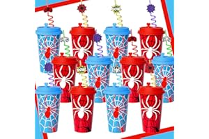 FZR Legend 24 Sets of Spider Web Birthday Party Decorations Cups with Lids and Silly Straws Bulk, 16OZ Spider Plastic Party Favors Goodie Bags Supplies for Kids Halloween