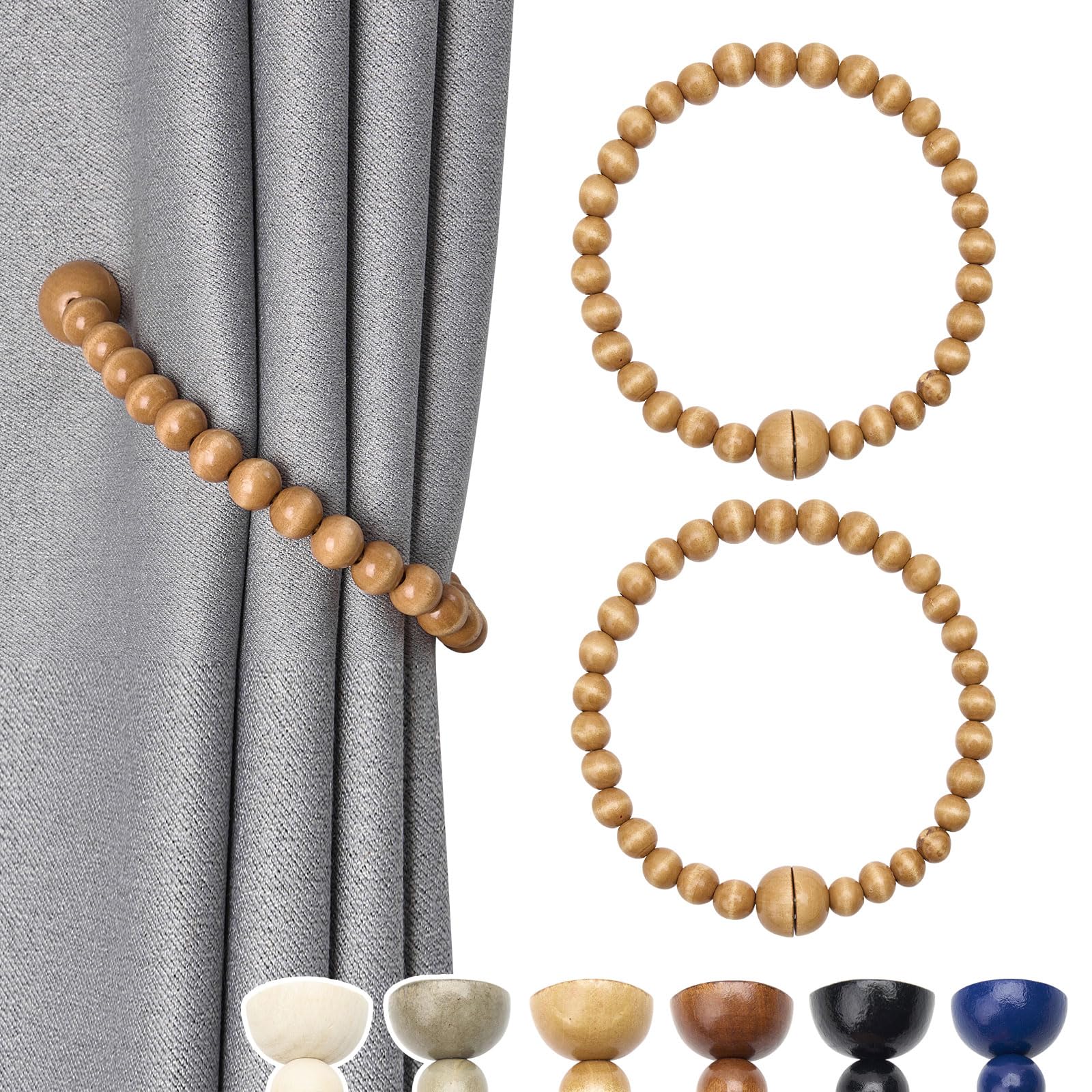 Pretty Jolly 2 Pack Wood Bead Curtain Tiebacks Boho Farmhouse Decor Drape Tie Backs Strong Magnetic Natural Wooden Beaded Curtain Holdbacks for Home & Office Outdoor Window Draperies (Khaki)