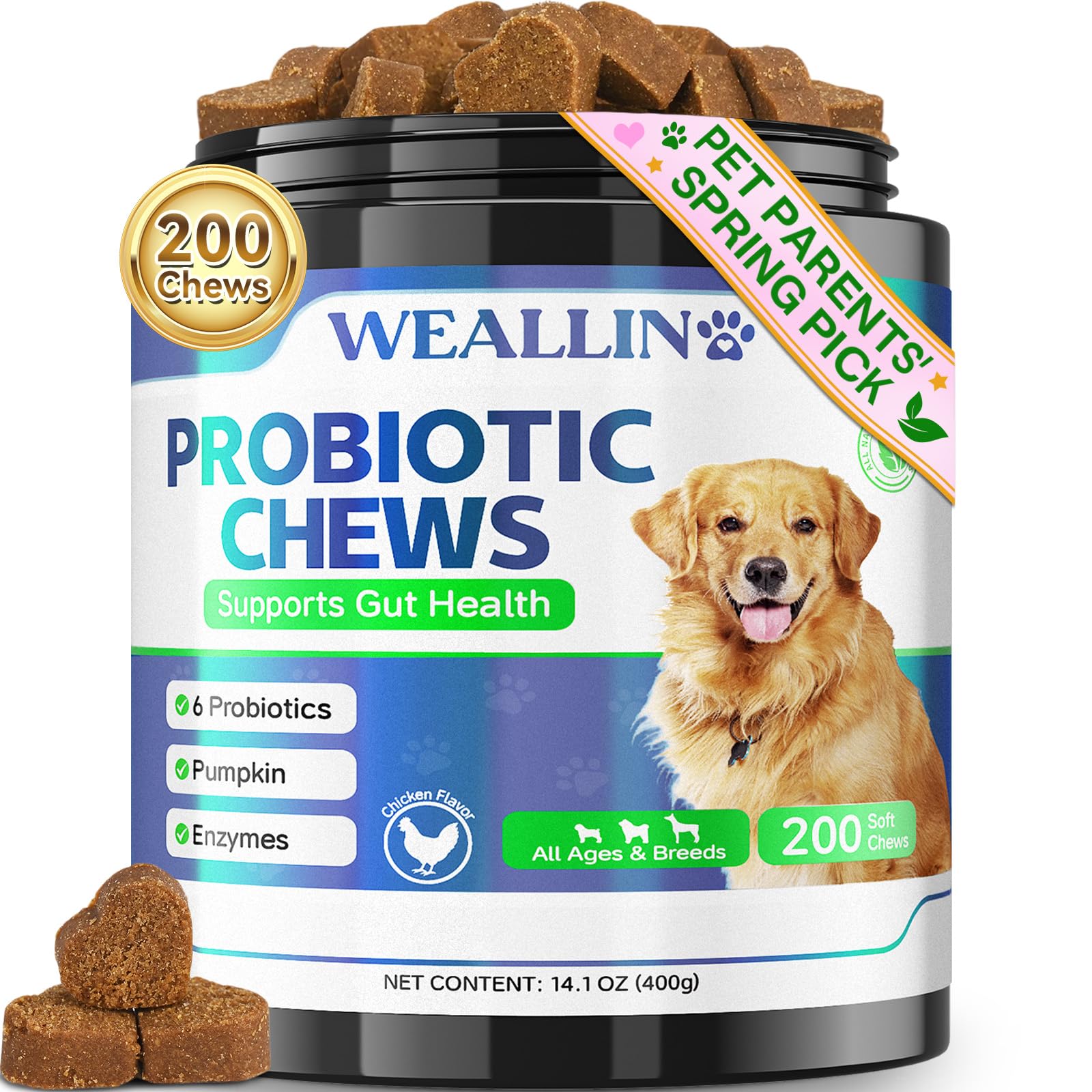 Probiotics for Dogs, Prebiotics for Gut Health, Supports Digestive Health and Nutrient Absorption – 200 Soft Chews for Supports Skin Health & Supports Overall Health – Suitable for All Breeds and Ages