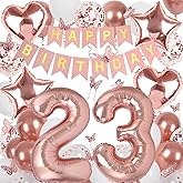 Rose Gold 23th Birthday Decorations for Women, 23 Year Old Sign with Happy Birthday Banner, 40In Number 23 Foil Birthday Balloons, Butterfly Decorations, Heart and Star Balloons