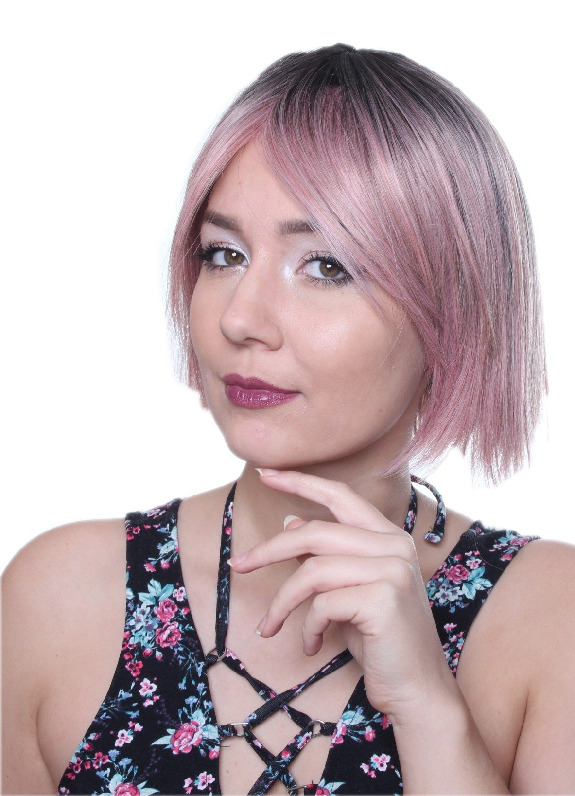 Prettyland C910 - Short Hair Wig in Pink Black Straight Cut Highlights Dip Dye Color Wig Like Real Hair