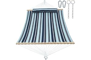 GAFETE Double Quilted Fabric Hammock with Spreader Bar, Fit 12-14ft Hammock Stand, 2 Person 14ft Hammocks for Outside, Large Removable Pillow Storage Bag, Carabiner, Max 475 lbs Capacity (Misty Beach)