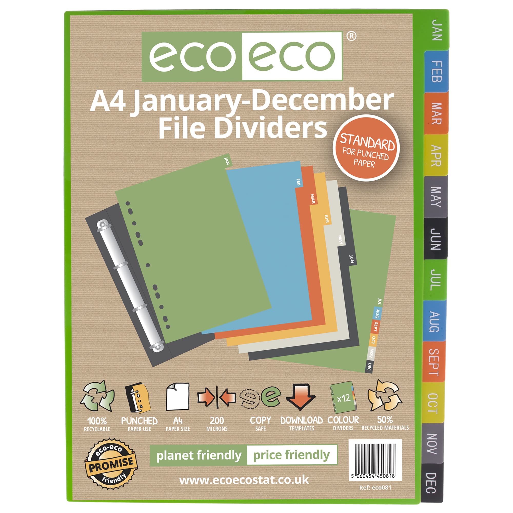eco-eco A4 50% Recycled January - December File Dividers, eco081