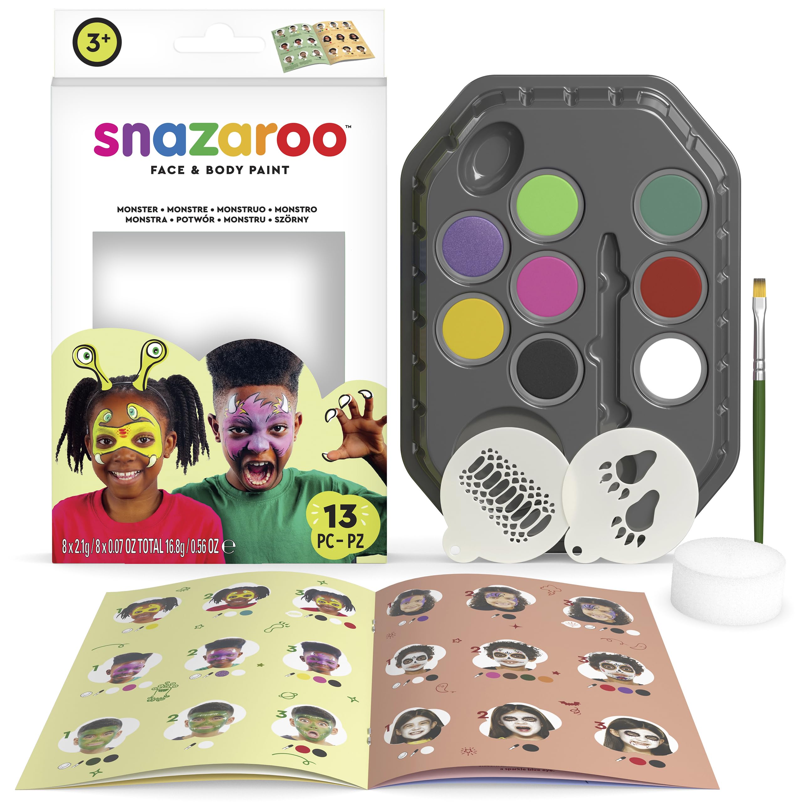 Snazaroo Monster Face Painting Palette Kit for Kids & Adults, 8 Colours, 13pcs, Stencils, Brush, Sponge, Guide, Water Based, Easily Washable, Non-Toxic, Makeup, Body Painting & Parties