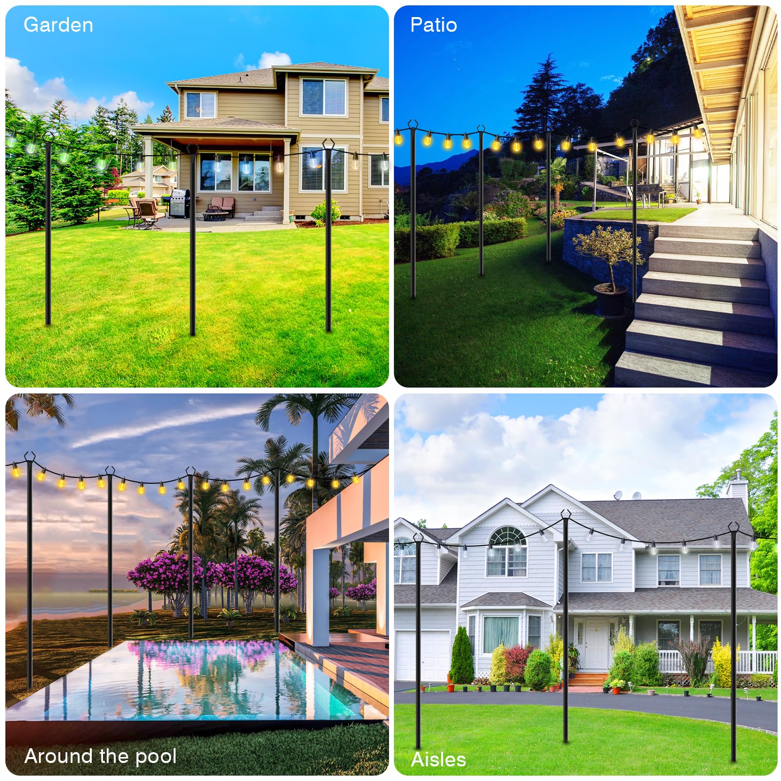 4 Pack String Light Poles,10 Ft Metal Poles with Fork for Outdoor String Lights,Outdoor Light Poles with Fork,Poles/Post/Stand for Outside,Patio,Deck,Backyard,Garden Wedding,Party