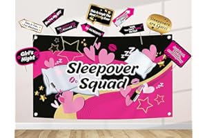 JAZZOO Slumber Party Decoration Kit - Includes Photography Backdrop & 10 Studio Selfie Photo Booth Props with Sticks - Sleepover Squad Pajama Girl Theme Studio Background Supplies