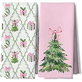 DAYOUER Pink Bow Christmas Tree Kitchen Dish Towels, Coquette Christmas Decor, Winter Preppy Bow Xmas Tree Decorative Hand Tea Towels for Bathroom Kitchen, 16x24 Inches Set of 2