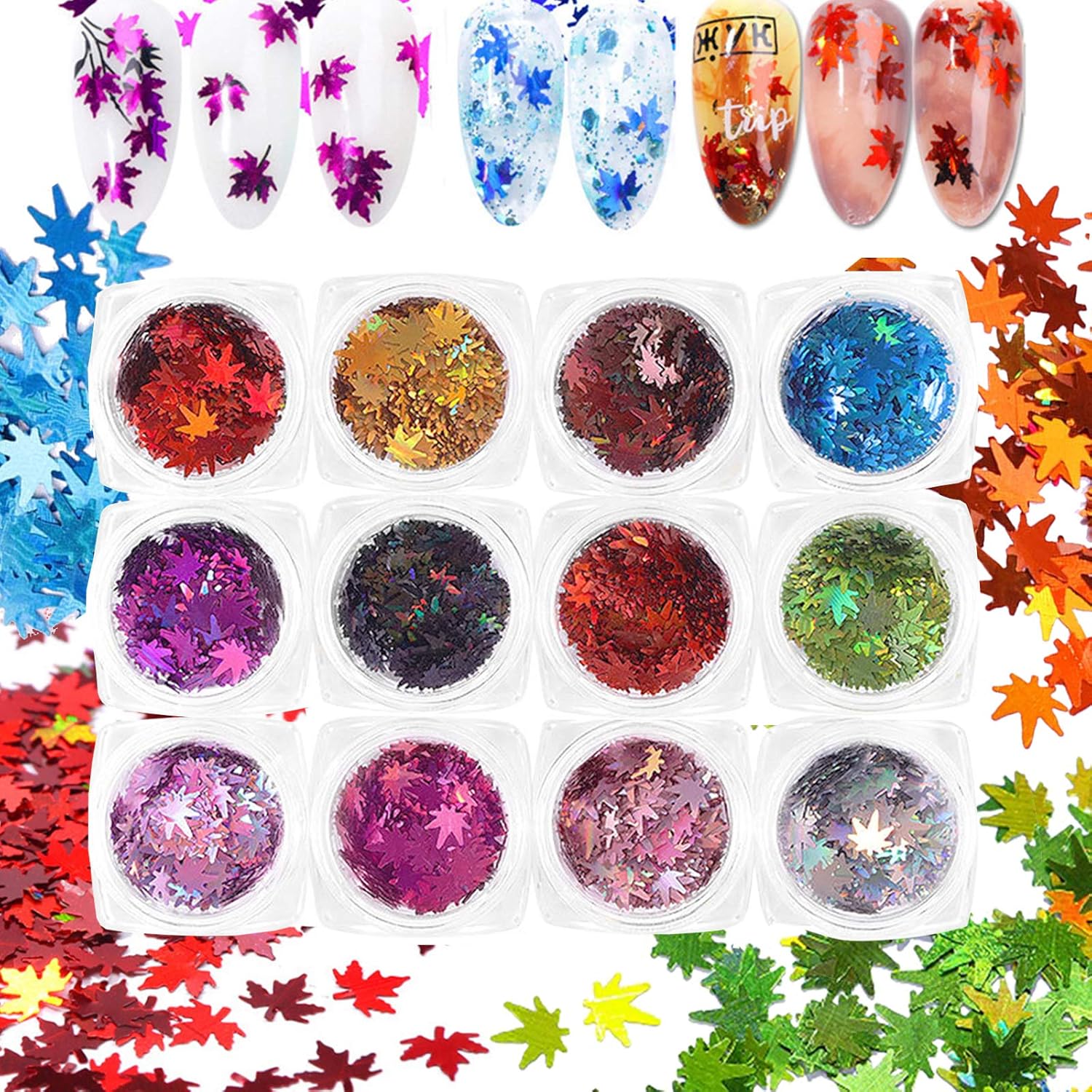 MiaoWu 12 Colors Fall Nail Art Stickers Maple Leaf Glitter Nail Sequins Holographic 3D Laser Flakes Fall Glitter Nail Art Supplies Autumn Maple Leaves Glitter For Nails Autumn Design Decor(12 boxes)