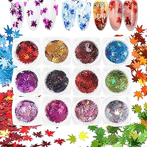 MiaoWu 12 Colors Fall Nail Art Stickers Maple Leaf Glitter Nail Sequins Holographic 3D Laser Flakes Fall Glitter Nail Art Supplies Autumn Maple Leaves Glitter For Nails Autumn Design Decor(12 boxes)