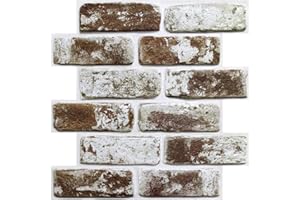 COMSTICKC 3D Brown Brick Wall Panels Peel and Stick Tiles,10 Pcs of 12"X12",Small Size Thin PVC Whitewash Brown Fake Brick Self Adhesive Wall Covering Backsplash Kitchen Living Room Interior Decor