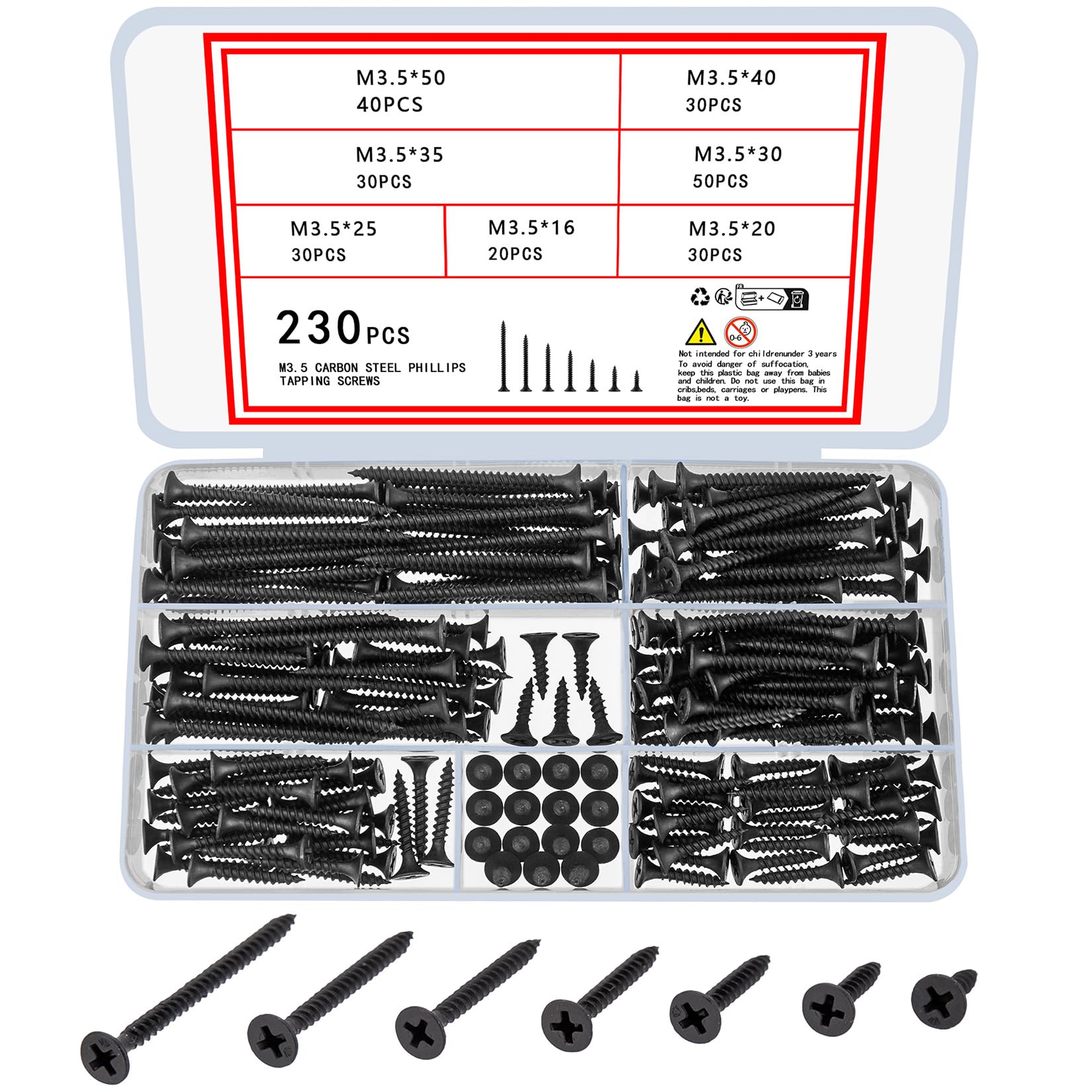 wugongshan 230 Pcs M3.5 Self Tapping Wood Screws Assortment Set, Carbon Steel Black Self Drilling Drywall Countersunk Head Flat Round Head Plasterboard Screws for DIY Woodworking Metal