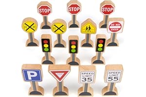 IMAGINATION GENERATION Wooden Street Signs for Train Sets, 14 Pc - Educational Playset Pieces for Kids, Boys, & Girls - Track Accessories for Tabletop Railroads, Car Mats, Blocks, Sand Boxes, & Indoor/Outdoor Pretend Play