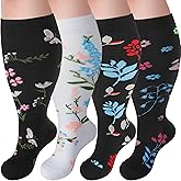 Tinojye 4 Pairs Plus Size Compression Socks,Extra Wide Calf 20-30 mmHg Knee High Compression Socks for Men Women Circulation