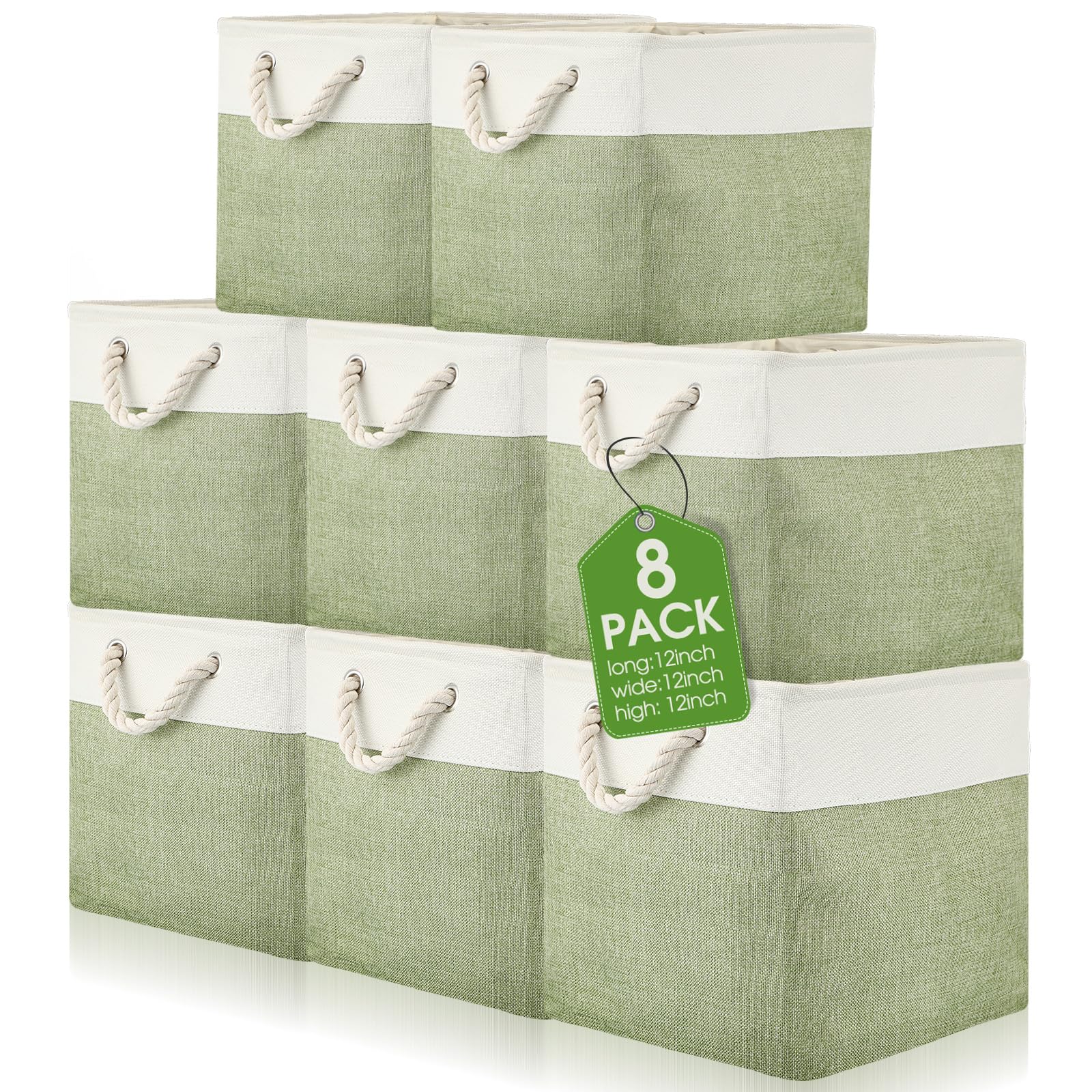 Photo 1 of meekoo 8 Pack Collapsible Storage Bins Fabric Storage Bins Polyester Fabric Baskets with Handles Linen Closet Organizer for Shelf Home Closet Towels Toys(12 x 12 x 12 in,Green White)