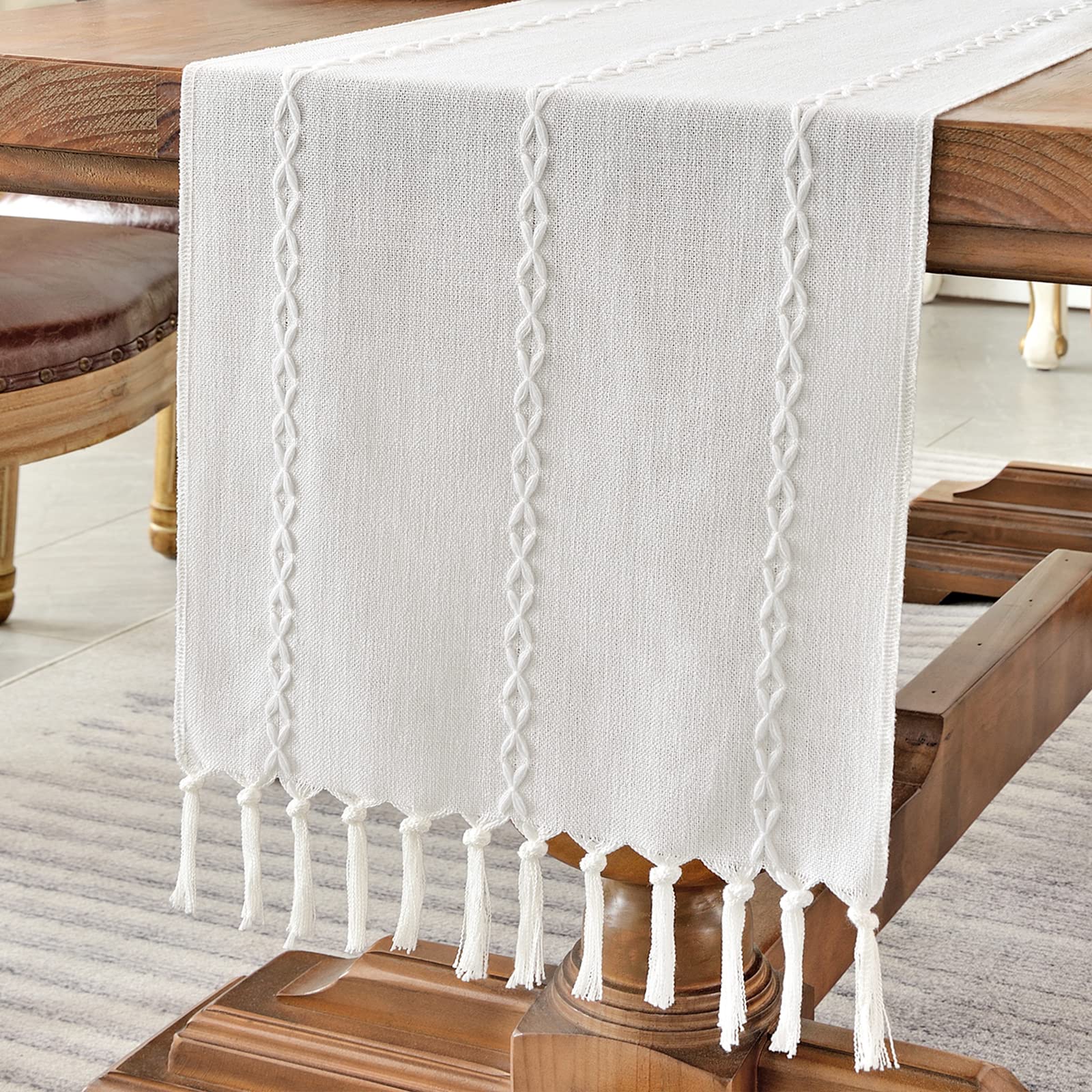 Wracra Cotton Linen Table Runner Farmhouse Style White Table Runner 90cm with Hand-tassels for Party, Dining Room Decorations Dessert Table Decor(White, 90cm)