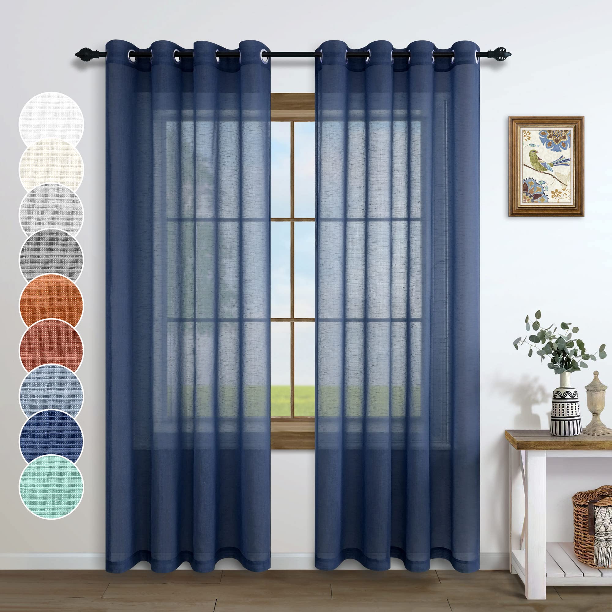 Pitalk Navy Blue Sheer Curtains 84 Inches Long for Living Room 2 Panels Grommet Faux Linen Nautical Masculine Drape Indigo Semi Sheer Curtain for Bedroom Kids Boys Teen Farmhouse Decor 52x84 Dark Blue