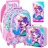 FTJCF 3Pcs Rolling Backpack for Girls, Kids Roller School Backpack with Wheels, Mermaid Wheeled Bookbag for Elementary Preschool Kindergarten(Pink)