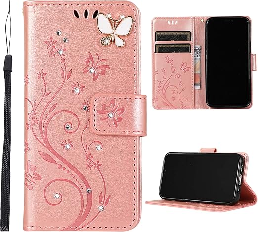 Amazon Com Felico Compatible With Iphone 12 Pro Max Case Handmade Bling Rhinestone Wallet Flip Case Emboss Butterfly Flower Pu Leather Magnetic Protective Kickstand Card Slots Cover 6 7 Inch Rose Gold