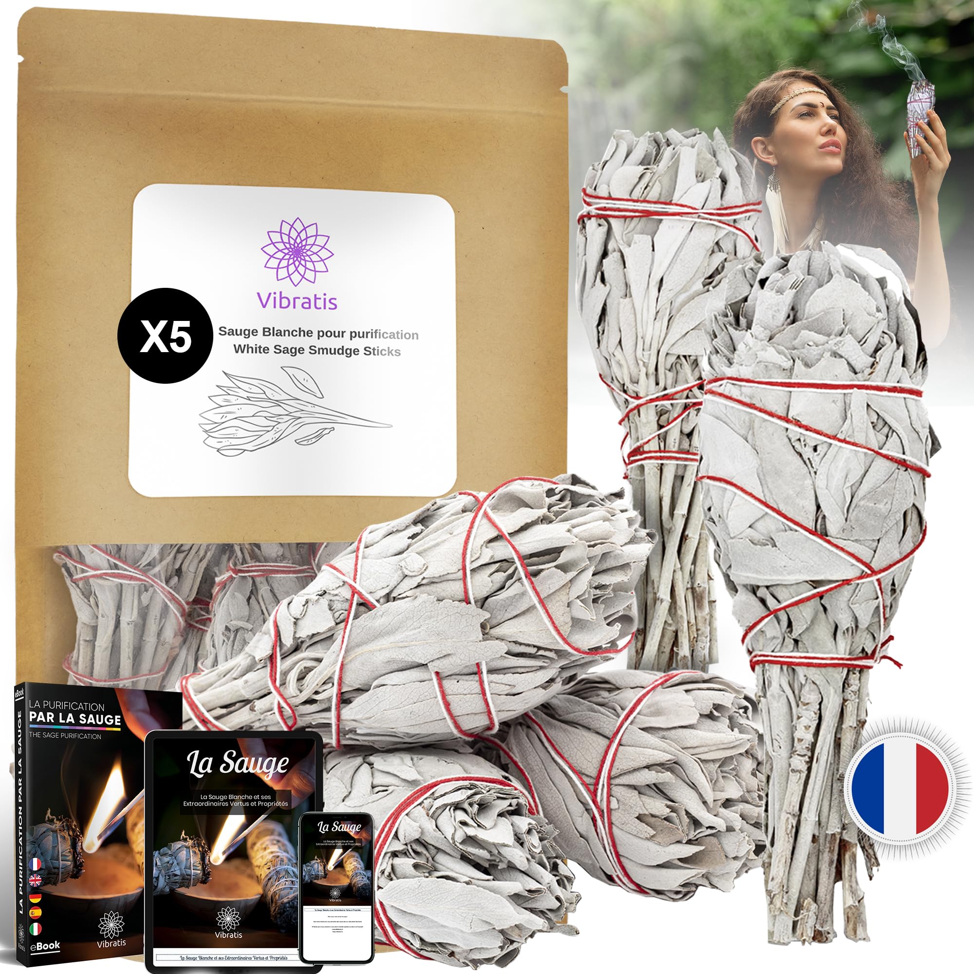 Vibratis - 5X White Sage Smudge Sticks for Purification - Pack of 5 White Sage Incense Sticks from California