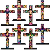 Amyhill 8 Pcs Dia De Los Muertos Altar Table Decoration Wood Mexican Cross | Wooden Day of The Dead ofrenda Centerpiece, Otomi Tenango Floral Folk Art, Religious Cross Tabletop Sign for Home Shelf