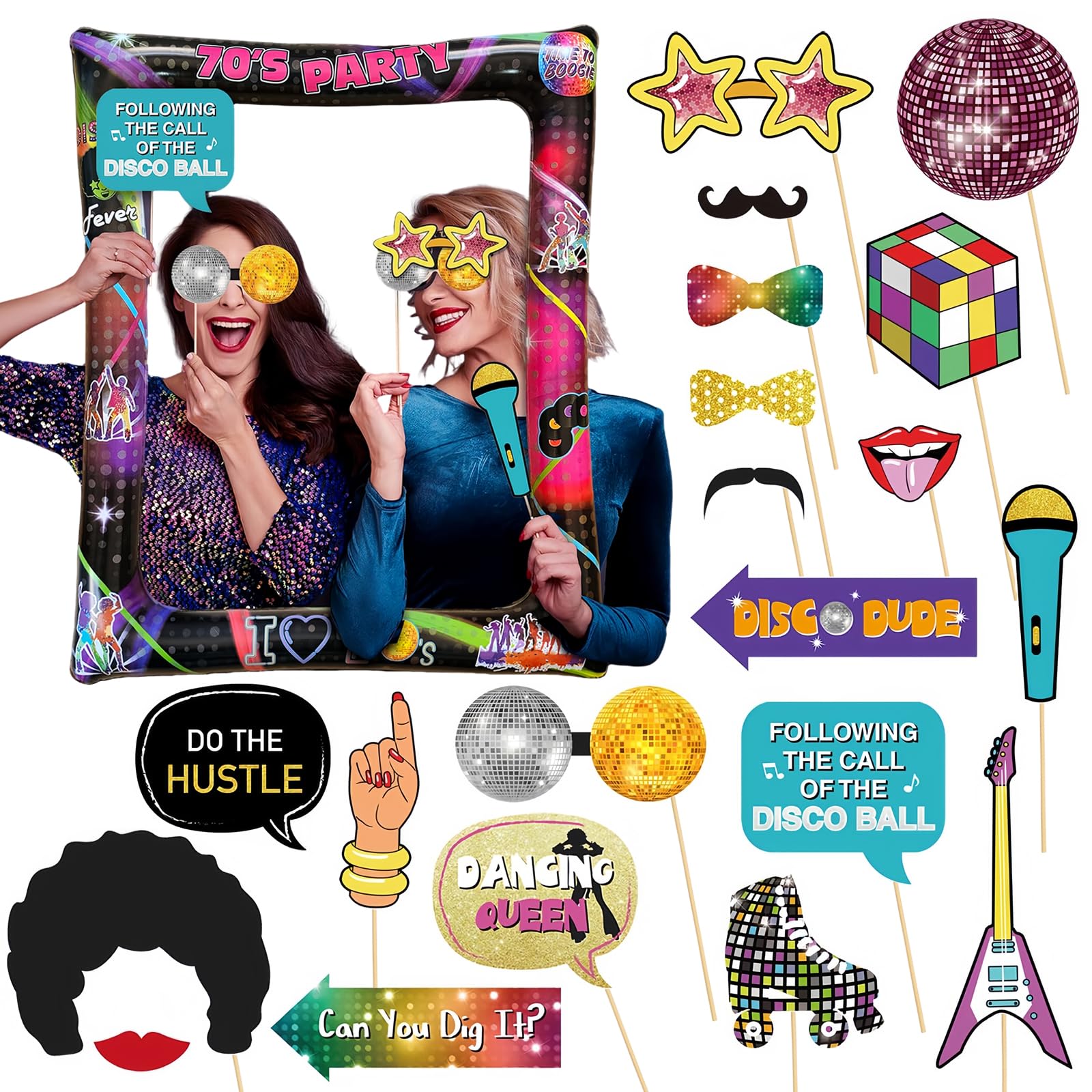 70s Inflatable Photo Booth Frame With 20 Retro Props - Giant Blow Up Party Kit for 1970s Hippie Disco Decorations