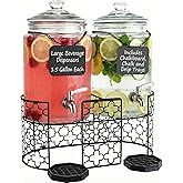 Dual 1.5 Gallon Glass Beverage Dispensers for Parties with Decorative Metal Stand, Stainless Steel Spigot,- Double Drink Dispenser Station for Parties, Weddings, Holidays