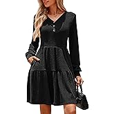 Kate Kasin Women's Long Sleeve Sweater Dresses 2025, Button V Neck Knit Dress, Fall Swing A Line Babydoll Dress with Pockets