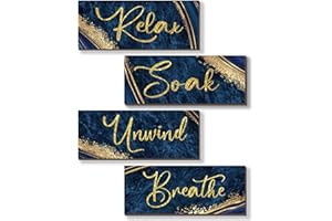 ONIZHITY 4 Pcs Blue and Gold Bathroom Decor Navy Blue Gold Wall Decor Relax Soak Unwind Breathe Wooden Rustic Marble Style Versatile Bathroom Accessories for Bedroom Living Room Decor(Blue Gold 10X4)